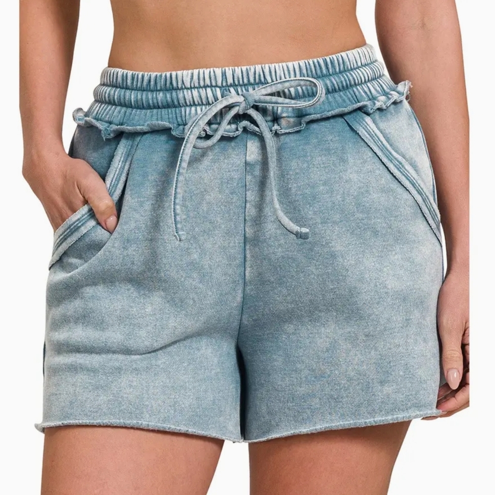 Acid Washed Fleece lined Drawstring Shorts with Pockets in blue Gray
